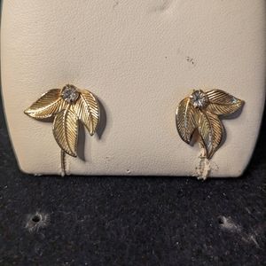 Vintage Gold Tone Leaf & Rhinestone Clip On Earrings